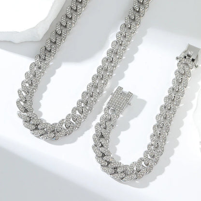 GANEMLY Thick Cuban Chain Rhinestone Necklace Bracelet Set For Women Men New Trendy Punk 18K Gold Plated Waterproof Jewelry Set