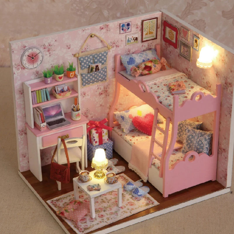 Kitten Mini Wooden Doll House Model Building Kits Toy Home Kit Creative Room Bedroom Decoration with Furniture For Birthday Gift
