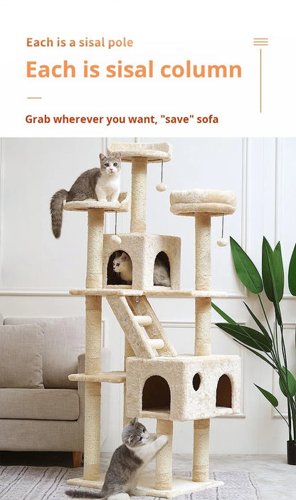 174cm Tower for Indoor Cats and Large Cat Tree With Sisal-Covered Scratching Posts Spacious Hammock Padded Perches and Condos