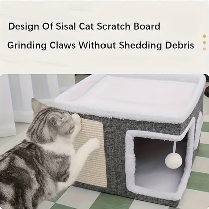 Luxury Cat Tree Bed with Scratching Post - Dual-Level 4-Season Pet Furniture, Organic Bamboo Base & Orthopedic Cushion