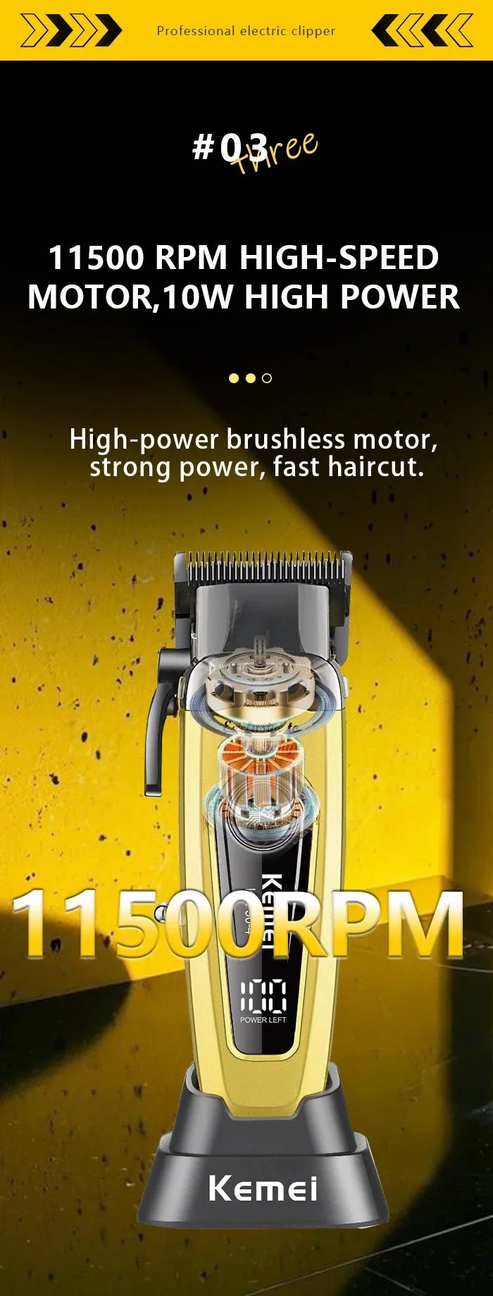 Kemei Professional Brushless Motor Hair Clippers 11500RPM Cordless Barber Electric Hair Trimmer DLC-Blade Hair Cutting Machine
