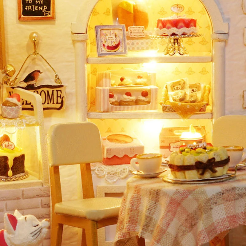 Kitten Mini Wooden Doll House Model Building Kits Toy Home Kit Creative Room Bedroom Decoration with Furniture For Birthday Gift