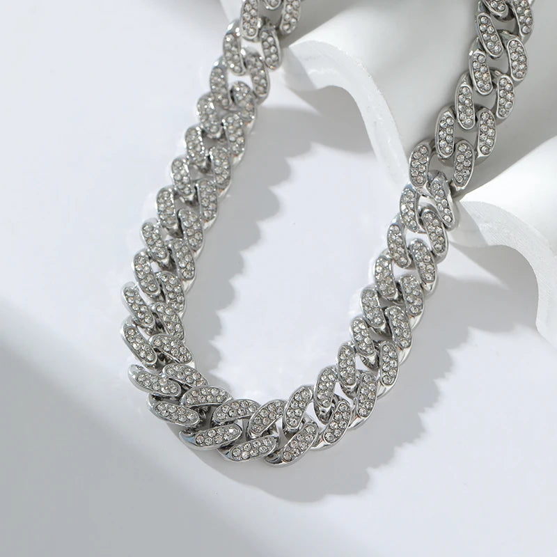 GANEMLY Thick Cuban Chain Rhinestone Necklace Bracelet Set For Women Men New Trendy Punk 18K Gold Plated Waterproof Jewelry Set