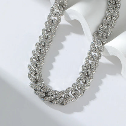 GANEMLY Thick Cuban Chain Rhinestone Necklace Bracelet Set For Women Men New Trendy Punk 18K Gold Plated Waterproof Jewelry Set