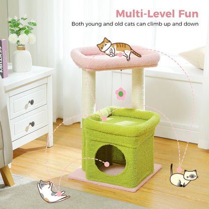 Cat Tree Cat Tower for Indoor Cats with Private Cozy Cat Condo Natural Sisal Scratching Posts and Plush Pom-pom for Small Cats