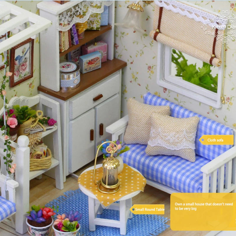 Kitten Mini Wooden Doll House Model Building Kits Toy Home Kit Creative Room Bedroom Decoration with Furniture For Birthday Gift