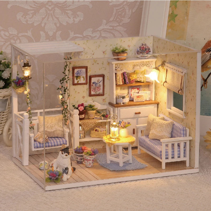 Kitten Mini Wooden Doll House Model Building Kits Toy Home Kit Creative Room Bedroom Decoration with Furniture For Birthday Gift