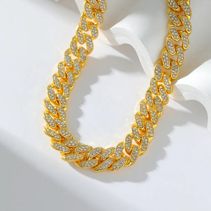 GANEMLY Thick Cuban Chain Rhinestone Necklace Bracelet Set For Women Men New Trendy Punk 18K Gold Plated Waterproof Jewelry Set
