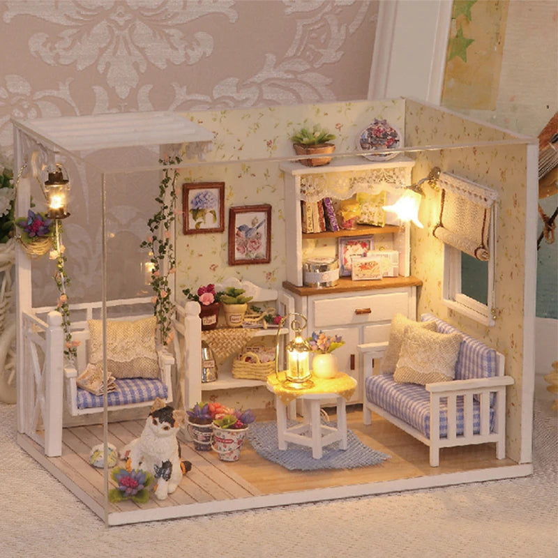 Kitten Mini Wooden Doll House Model Building Kits Toy Home Kit Creative Room Bedroom Decoration with Furniture For Birthday Gift
