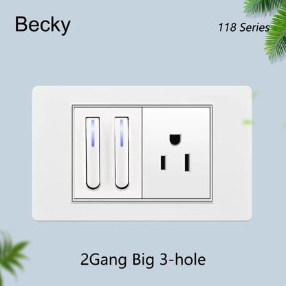118 type black and white gray PC glass panel, USA, Mexico, Canada Led keyboard wall lamp switch 1/2/3/4Gang, home, hotel, office
