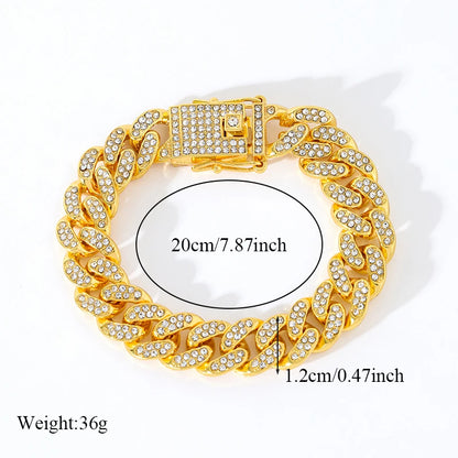 GANEMLY Thick Cuban Chain Rhinestone Necklace Bracelet Set For Women Men New Trendy Punk 18K Gold Plated Waterproof Jewelry Set