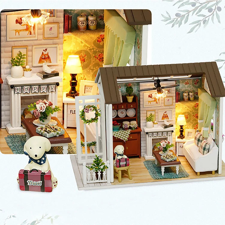 Kitten Mini Wooden Doll House Model Building Kits Toy Home Kit Creative Room Bedroom Decoration with Furniture For Birthday Gift