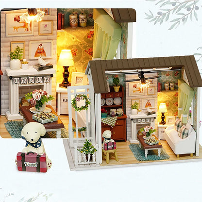 Kitten Mini Wooden Doll House Model Building Kits Toy Home Kit Creative Room Bedroom Decoration with Furniture For Birthday Gift