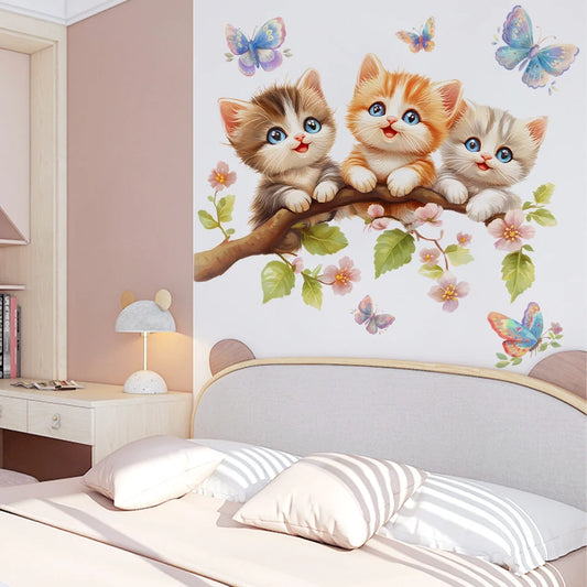 1Pc Watercolor Cartoon Cute Cat on Tree Branch Wall Stickers for Kids Room Decoration Wall Decals Bedroom Decoration Home Decor