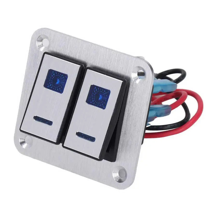 Rocker Switch Panel Blue LED Light 2 Gang On Off Switch Panel Pre Wired SPST Aluminum Alloy DC 12V-24V with DIY Sticker for rv