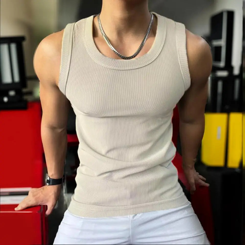 Sport Vest for Men Athletic Tank Top Men's Ribbed Slim Fit Sport Vest Round Neck Tank Top Solid Color Exercise Fitness Tops