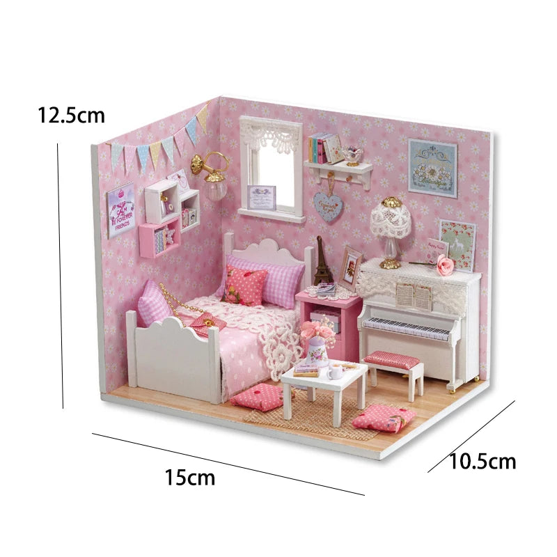 Kitten Mini Wooden Doll House Model Building Kits Toy Home Kit Creative Room Bedroom Decoration with Furniture For Birthday Gift