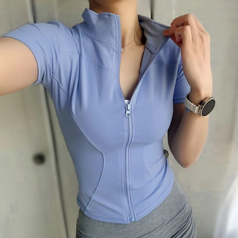 Women Sport T Shirts Slim Fit Quick-drying Full Zip Tops Outdoor Fitness Running Tights Short Sleeves Women's Yoga Wear
