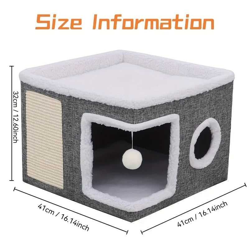 Luxury Cat Tree Bed with Scratching Post - Dual-Level 4-Season Pet Furniture, Organic Bamboo Base & Orthopedic Cushion