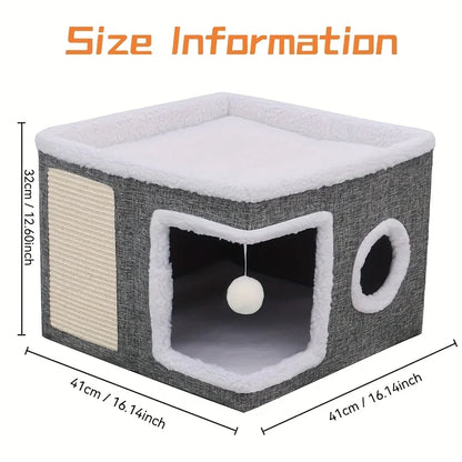 Luxury Cat Tree Bed with Scratching Post - Dual-Level 4-Season Pet Furniture, Organic Bamboo Base & Orthopedic Cushion