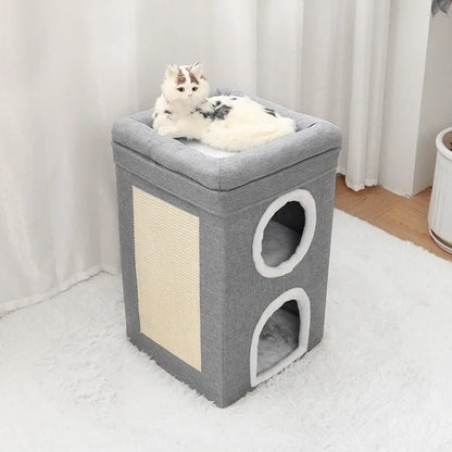 Luxury Cat Tree Bed with Scratching Post - Dual-Level 4-Season Pet Furniture, Organic Bamboo Base & Orthopedic Cushion