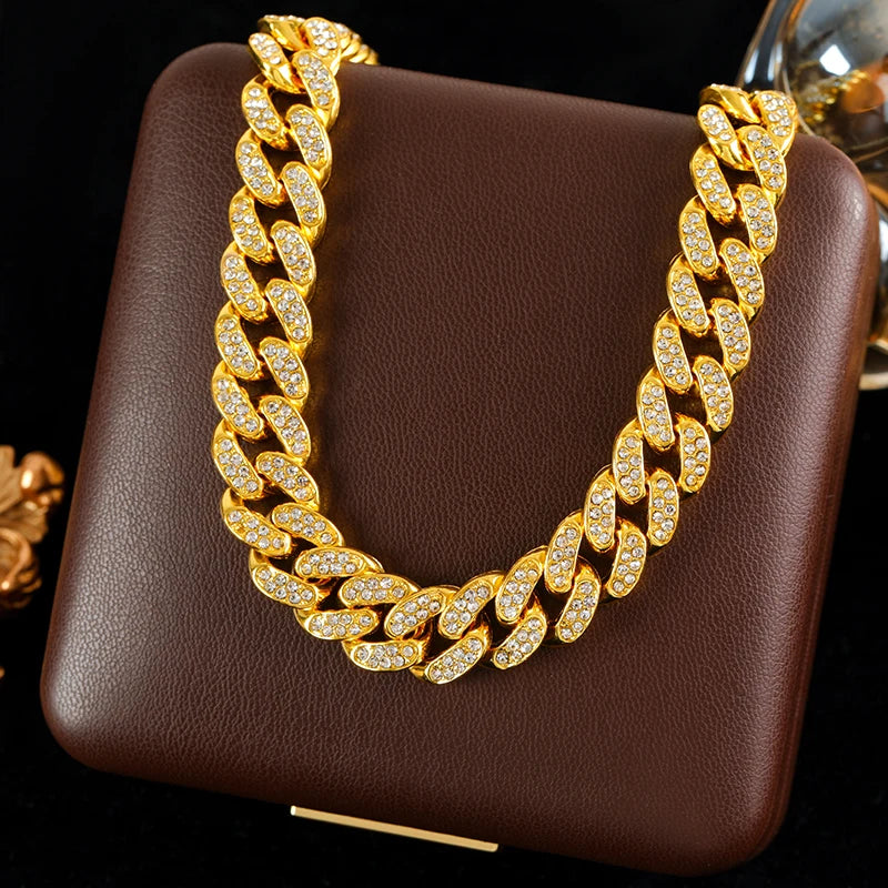 GANEMLY Thick Cuban Chain Rhinestone Necklace Bracelet Set For Women Men New Trendy Punk 18K Gold Plated Waterproof Jewelry Set