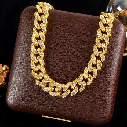 GANEMLY Thick Cuban Chain Rhinestone Necklace Bracelet Set For Women Men New Trendy Punk 18K Gold Plated Waterproof Jewelry Set