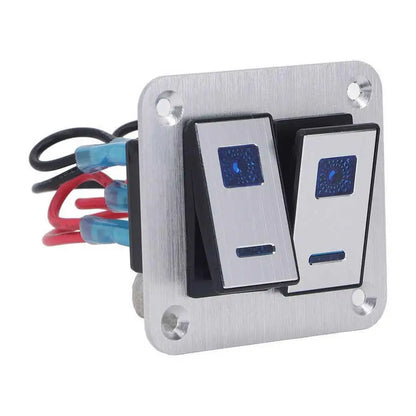 Rocker Switch Panel Blue LED Light 2 Gang On Off Switch Panel Pre Wired SPST Aluminum Alloy DC 12V-24V with DIY Sticker for rv
