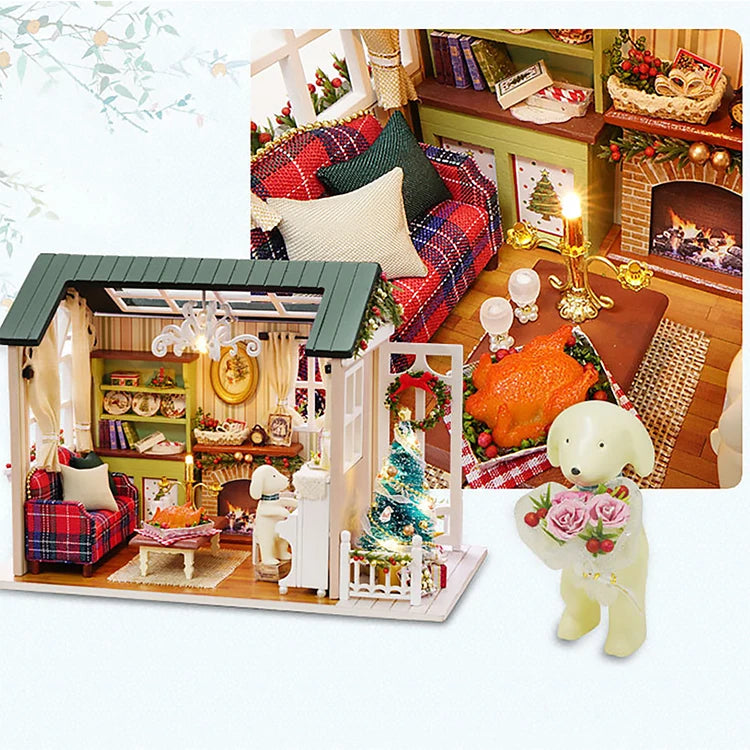 Kitten Mini Wooden Doll House Model Building Kits Toy Home Kit Creative Room Bedroom Decoration with Furniture For Birthday Gift