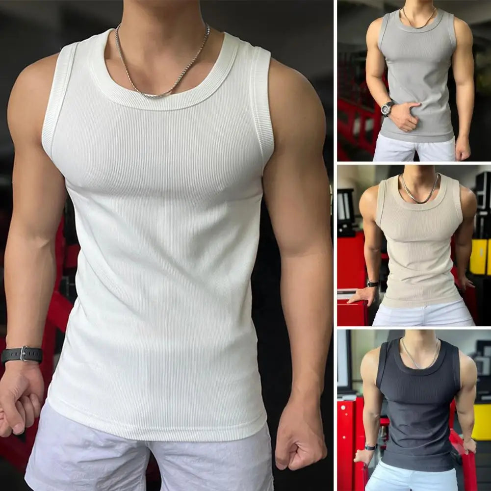 Sport Vest for Men Athletic Tank Top Men's Ribbed Slim Fit Sport Vest Round Neck Tank Top Solid Color Exercise Fitness Tops