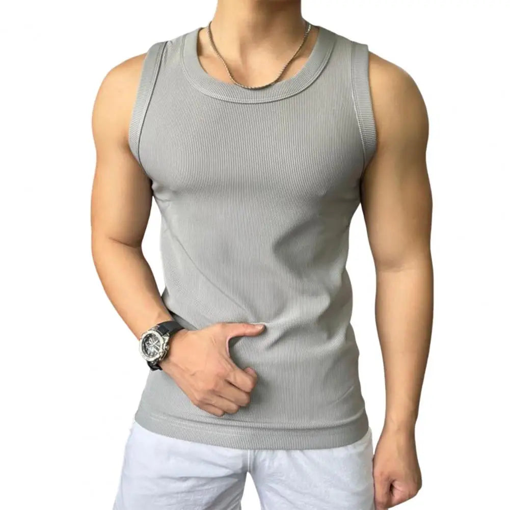 Sport Vest for Men Athletic Tank Top Men's Ribbed Slim Fit Sport Vest Round Neck Tank Top Solid Color Exercise Fitness Tops