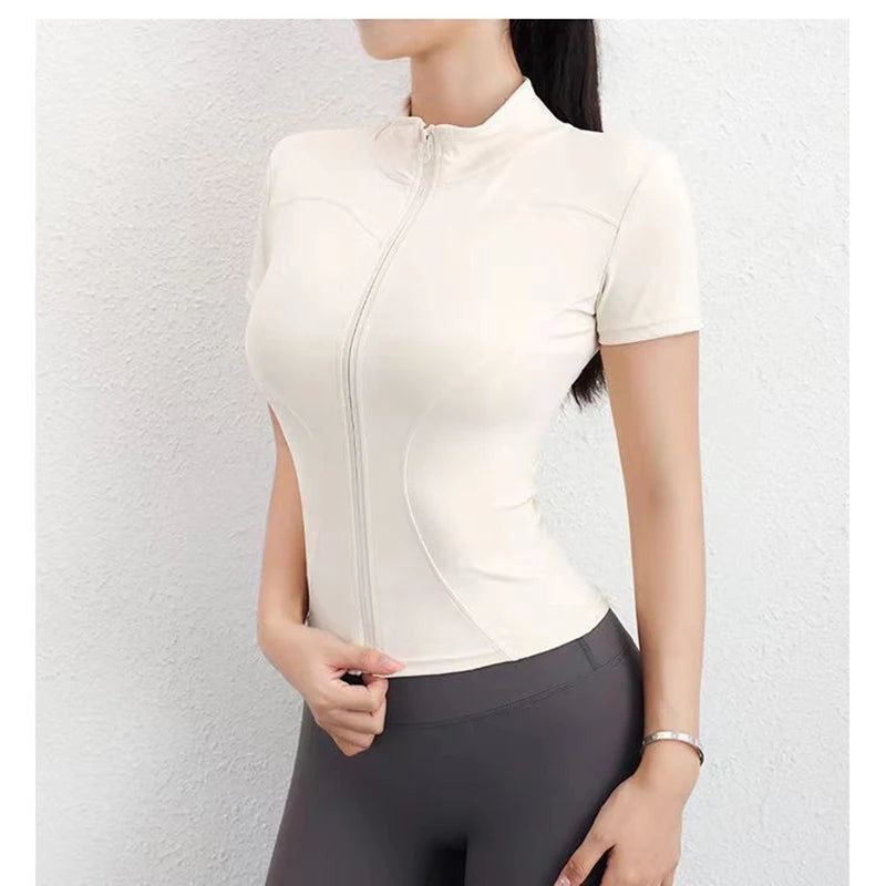 Women Sport T Shirts Slim Fit Quick-drying Full Zip Tops Outdoor Fitness Running Tights Short Sleeves Women's Yoga Wear