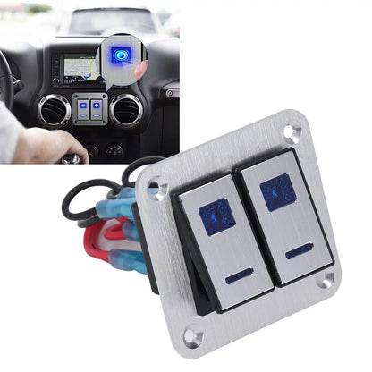 Rocker Switch Panel Blue LED Light 2 Gang On Off Switch Panel Pre Wired SPST Aluminum Alloy DC 12V-24V with DIY Sticker for rv
