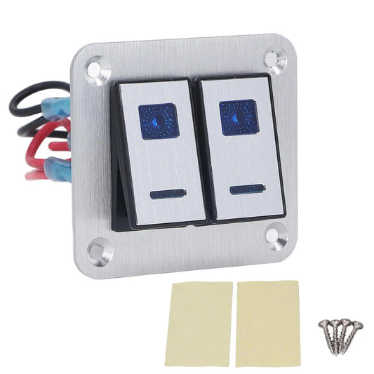 Rocker Switch Panel Blue LED Light 2 Gang On Off Switch Panel Pre Wired SPST Aluminum Alloy DC 12V-24V with DIY Sticker for rv