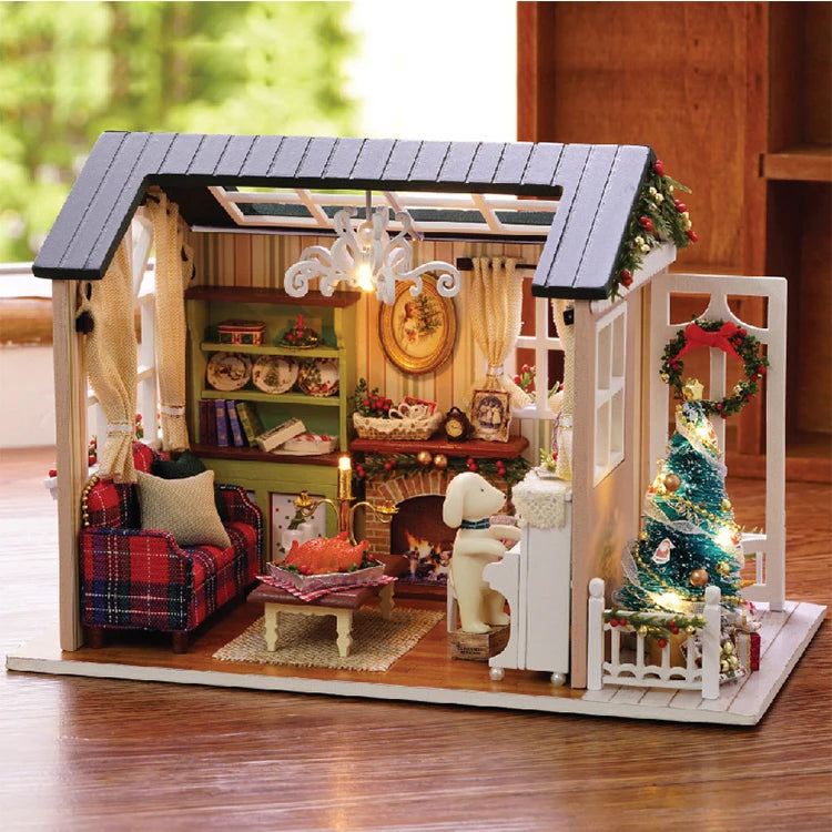Kitten Mini Wooden Doll House Model Building Kits Toy Home Kit Creative Room Bedroom Decoration with Furniture For Birthday Gift