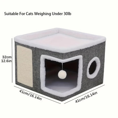 Luxury Cat Tree Bed with Scratching Post - Dual-Level 4-Season Pet Furniture, Organic Bamboo Base & Orthopedic Cushion
