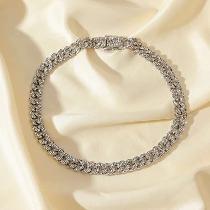 GANEMLY Thick Cuban Chain Rhinestone Necklace Bracelet Set For Women Men New Trendy Punk 18K Gold Plated Waterproof Jewelry Set