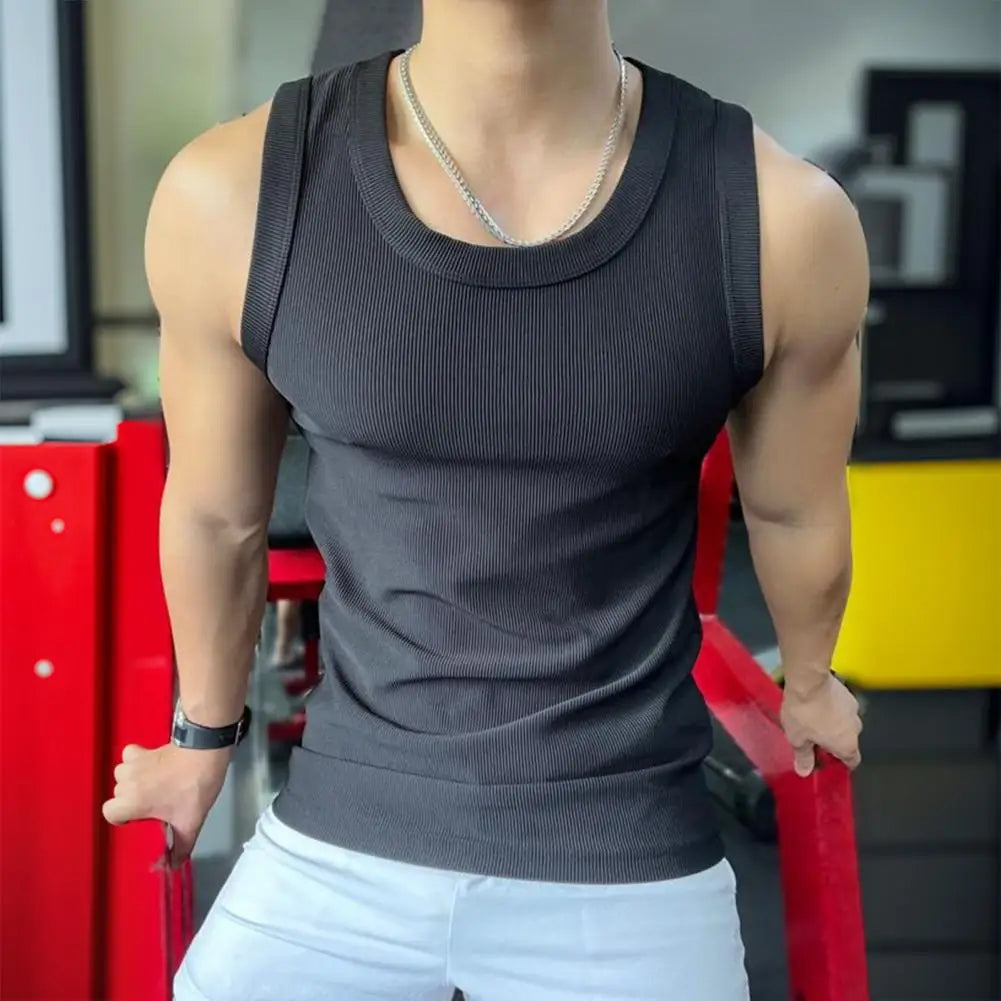 Sport Vest for Men Athletic Tank Top Men's Ribbed Slim Fit Sport Vest Round Neck Tank Top Solid Color Exercise Fitness Tops