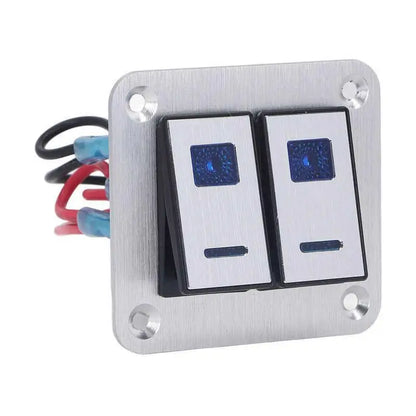 Rocker Switch Panel Blue LED Light 2 Gang On Off Switch Panel Pre Wired SPST Aluminum Alloy DC 12V-24V with DIY Sticker for rv