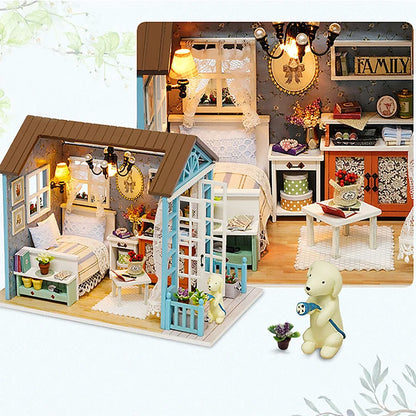 Kitten Mini Wooden Doll House Model Building Kits Toy Home Kit Creative Room Bedroom Decoration with Furniture For Birthday Gift