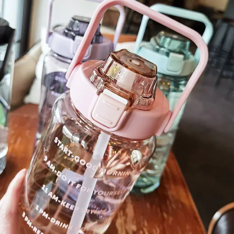 2L Straw Water Bottle Large Capacity Plastic Water Cup Portable Drink Bottle With Time Marker For Outdoor Sports Fitness