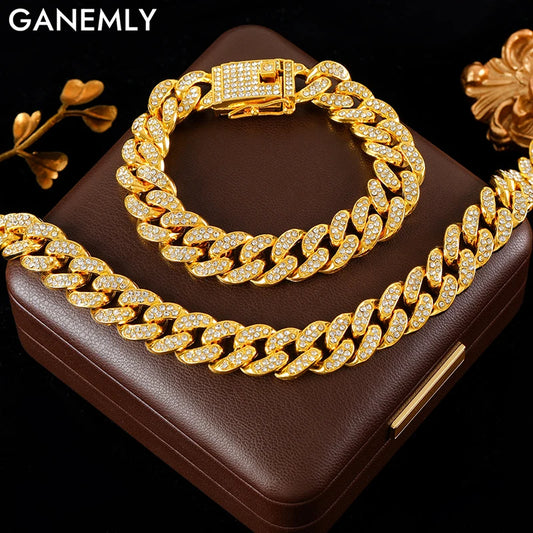 GANEMLY Thick Cuban Chain Rhinestone Necklace Bracelet Set For Women Men New Trendy Punk 18K Gold Plated Waterproof Jewelry Set