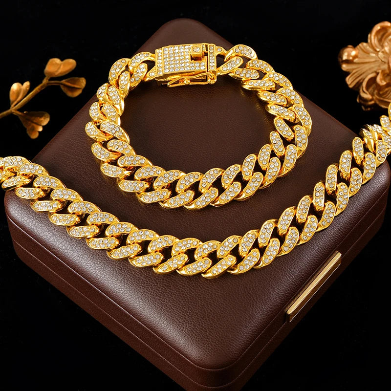 GANEMLY Thick Cuban Chain Rhinestone Necklace Bracelet Set For Women Men New Trendy Punk 18K Gold Plated Waterproof Jewelry Set