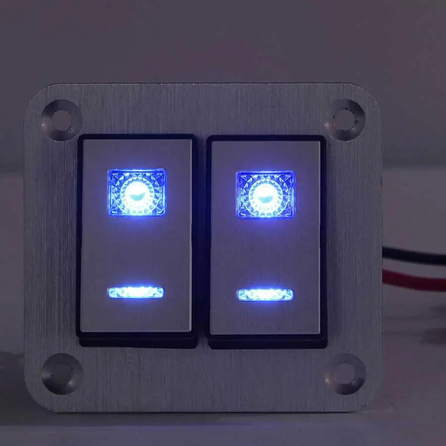 Rocker Switch Panel Blue LED Light 2 Gang On Off Switch Panel Pre Wired SPST Aluminum Alloy DC 12V-24V with DIY Sticker for rv