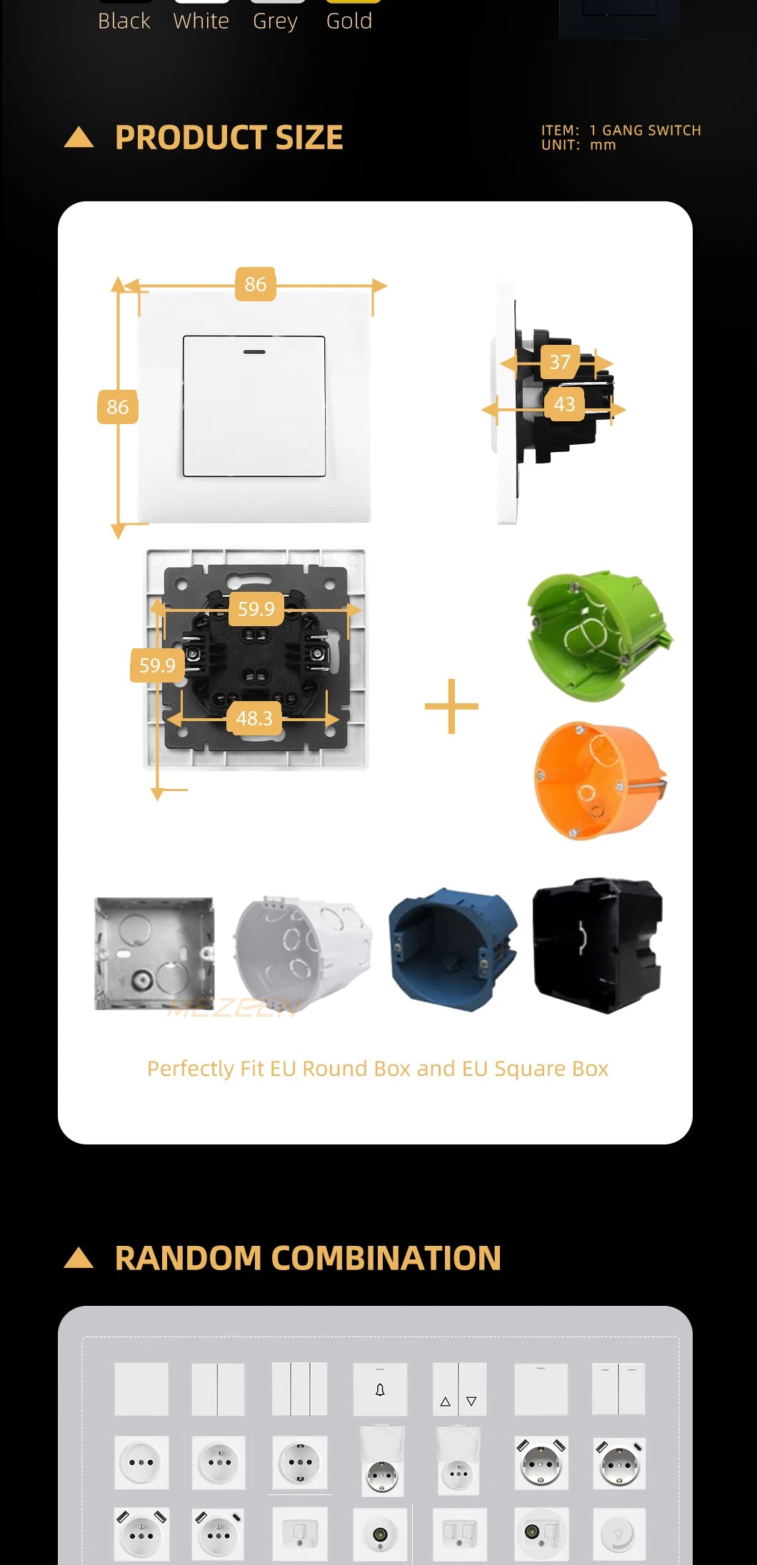European standard 86*86mm rocker switch PC panel LED light switch One switch single control double control wall switch CE Rohs