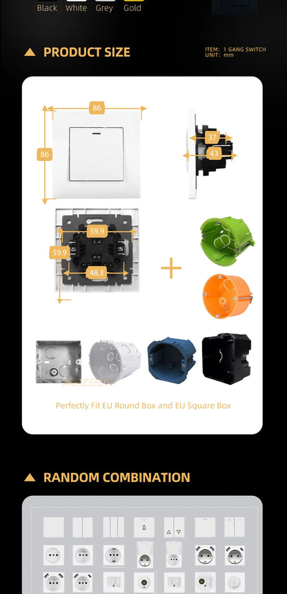 European standard 86*86mm rocker switch PC panel LED light switch One switch single control double control wall switch CE Rohs