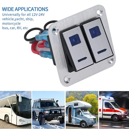 Rocker Switch Panel Blue LED Light 2 Gang On Off Switch Panel Pre Wired SPST Aluminum Alloy DC 12V-24V with DIY Sticker for rv