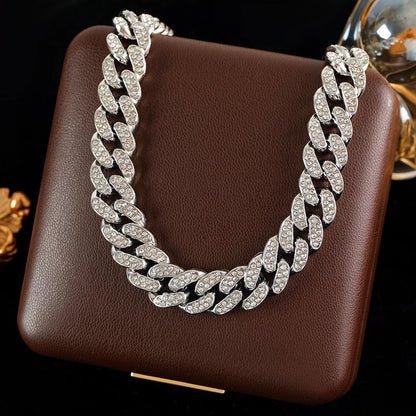 GANEMLY Thick Cuban Chain Rhinestone Necklace Bracelet Set For Women Men New Trendy Punk 18K Gold Plated Waterproof Jewelry Set