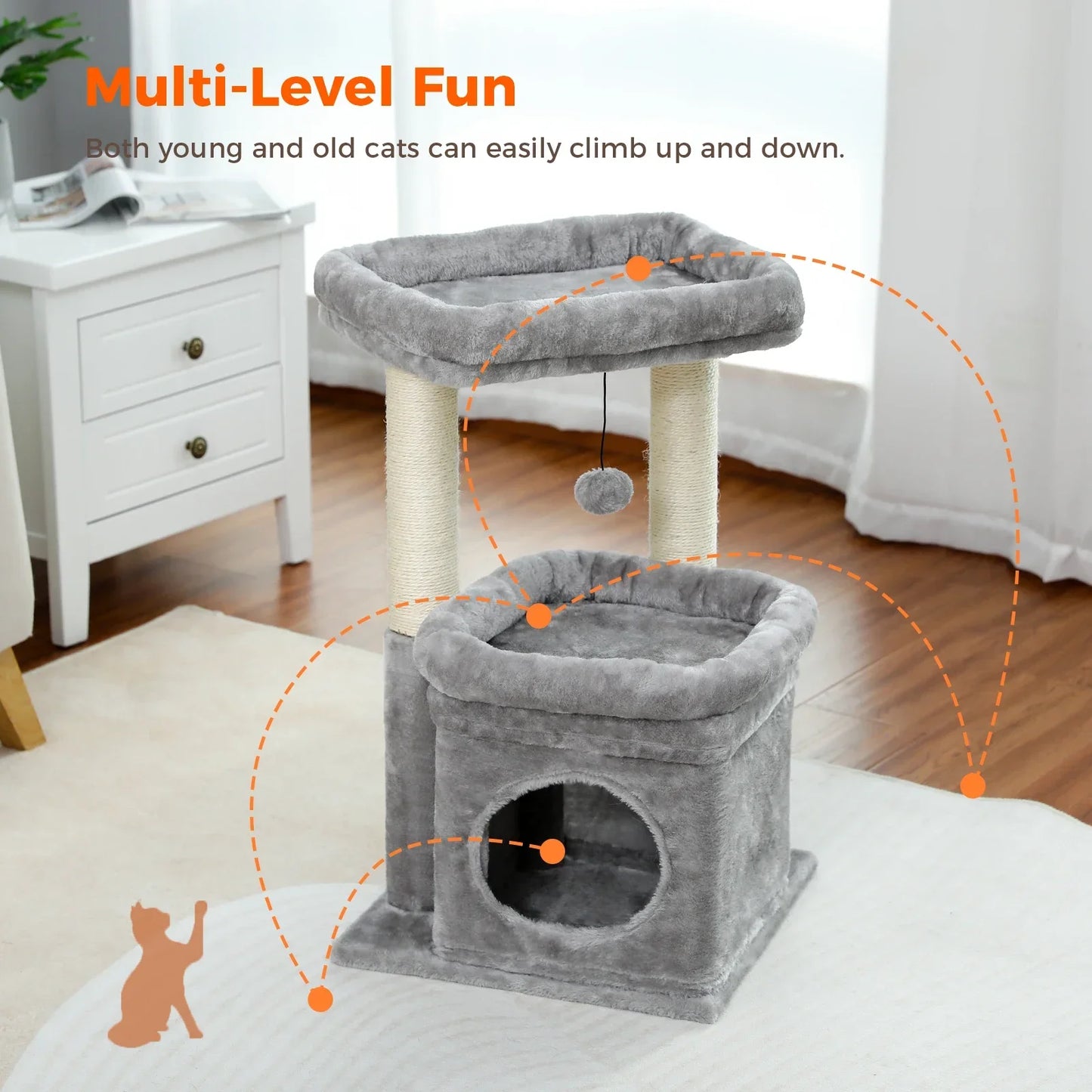 Cat Tree Cat Tower for Indoor Cats with Private Cozy Cat Condo Natural Sisal Scratching Posts and Plush Pom-pom for Small Cats