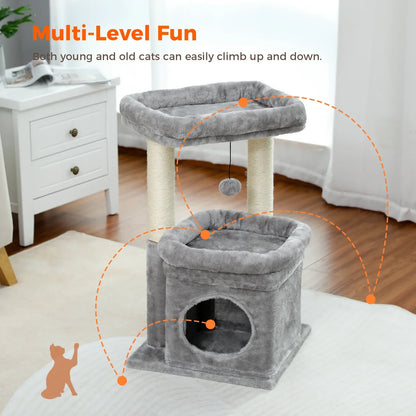 Cat Tree Cat Tower for Indoor Cats with Private Cozy Cat Condo Natural Sisal Scratching Posts and Plush Pom-pom for Small Cats
